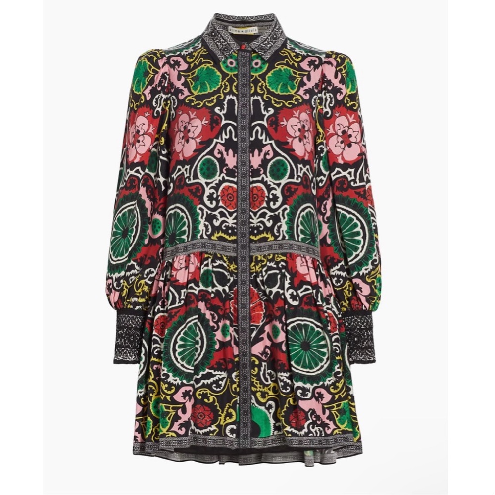 Alice + Olivia Green and Pink Mandarin Collar Dress